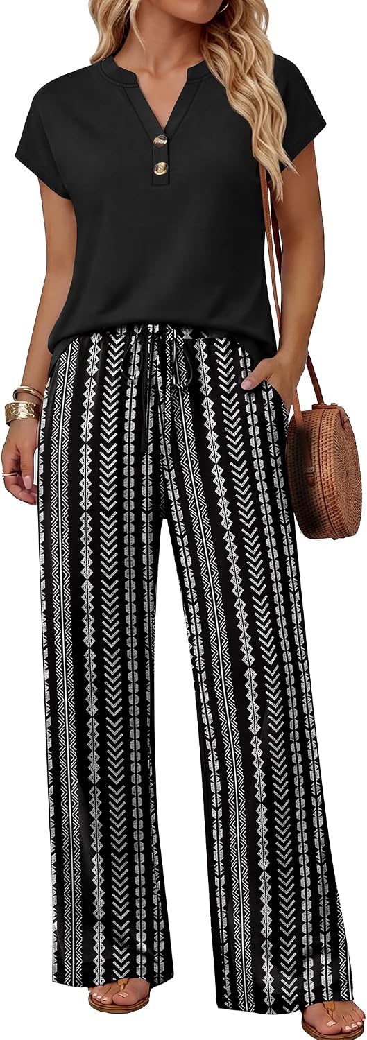 WIHOLL Two Piece Set for Women Summer Outfits Cruise Vacation Fashion Clothing Wide Leg Lounge Pant Sets
