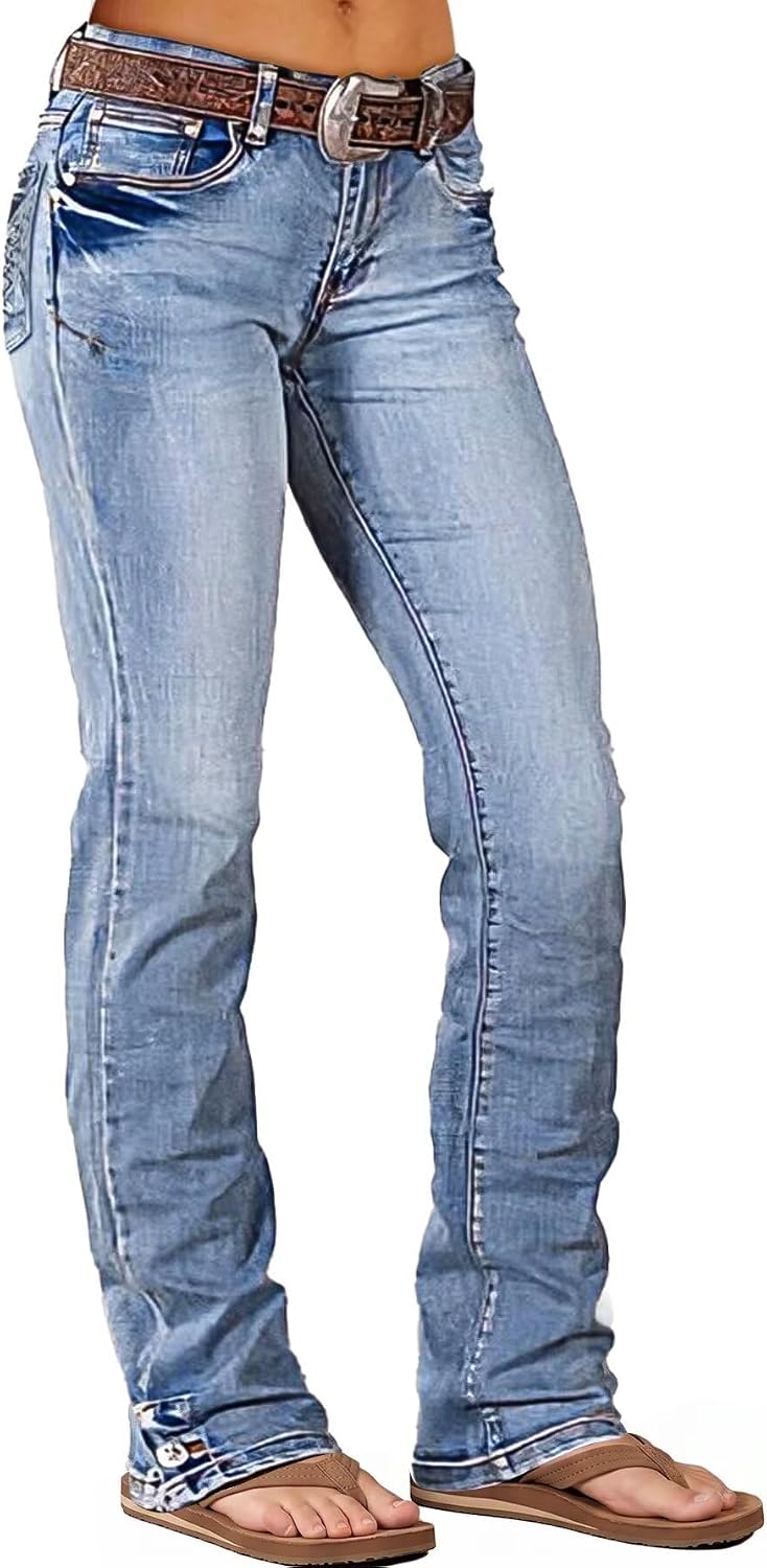Flamingals Mid Rise Flared Jeans for Women Bootcut Strechy Trendy Straight Leg Embroidered Denim Pants