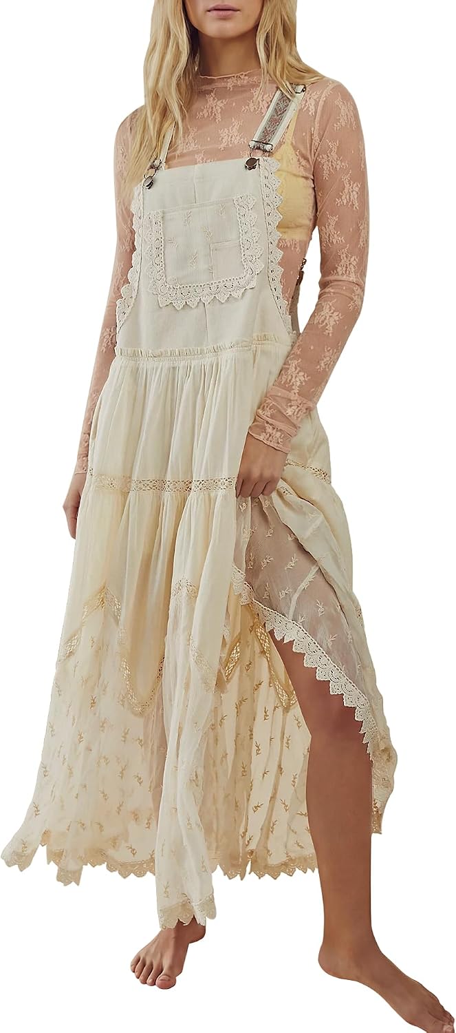 Gacaky Summer Dress for Women Casual Floral Embroidered Bohemian Dress Adjustable Straps Bib Maxi Flowy Dresses with Pockets