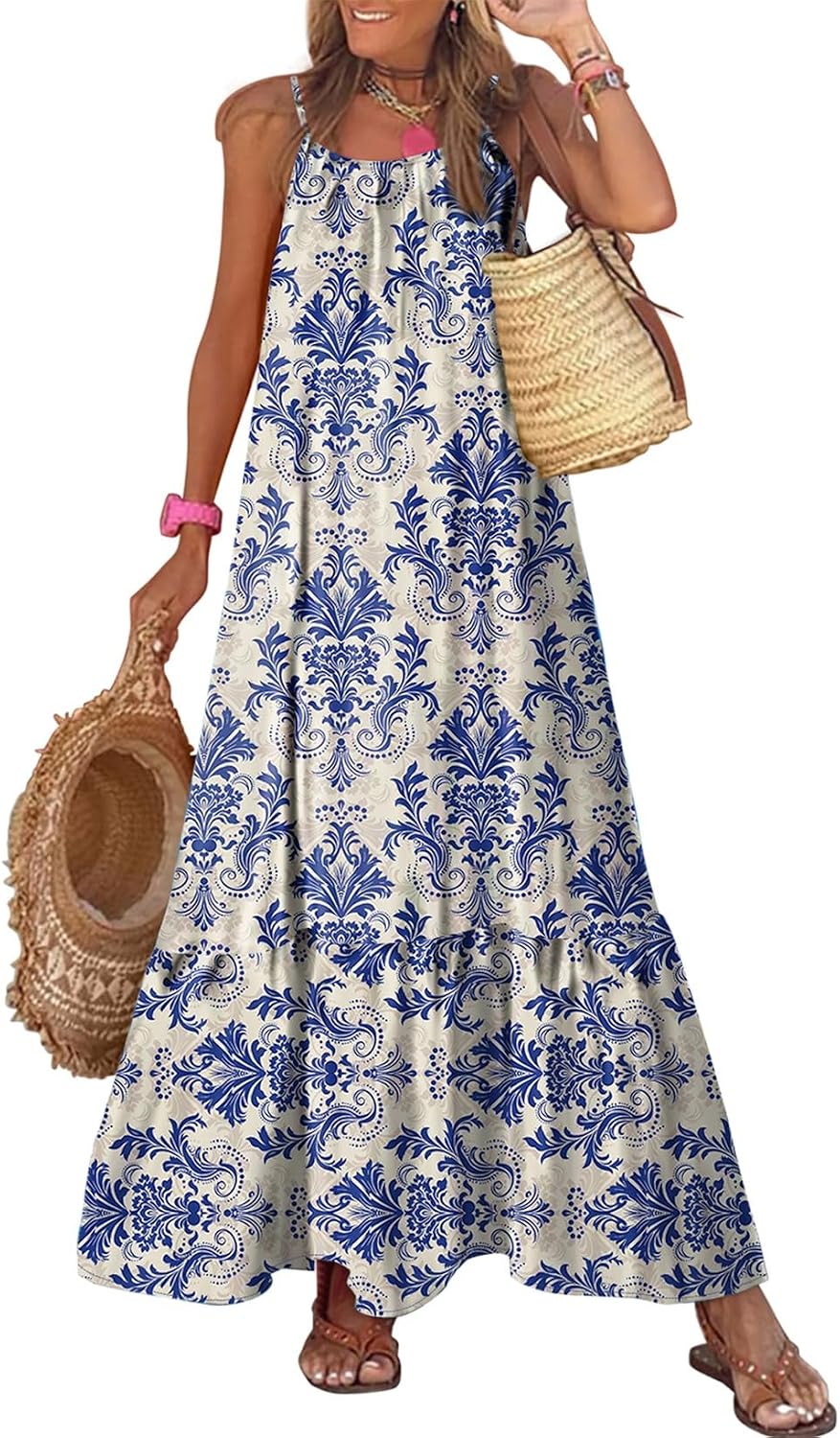 Dokotoo Women Summer Dresses 2026 Spaghetti Strap Scoop Neck Smocked Ruffle Flowy Boho Maxi Dress