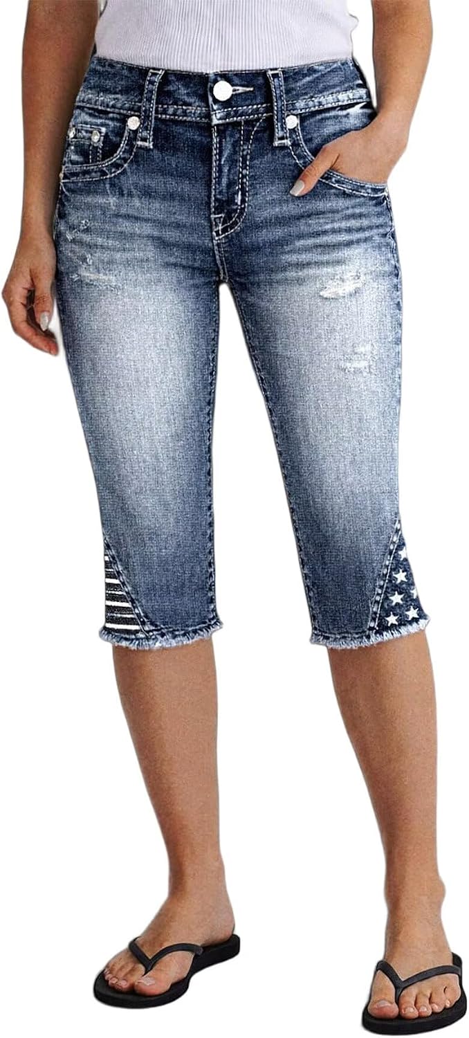 Flamingals High Waist Skinny Capri Jeans for Women Star & Stripe Embroidery Raw Hem Crop Ripped Trendy Denim Jeans