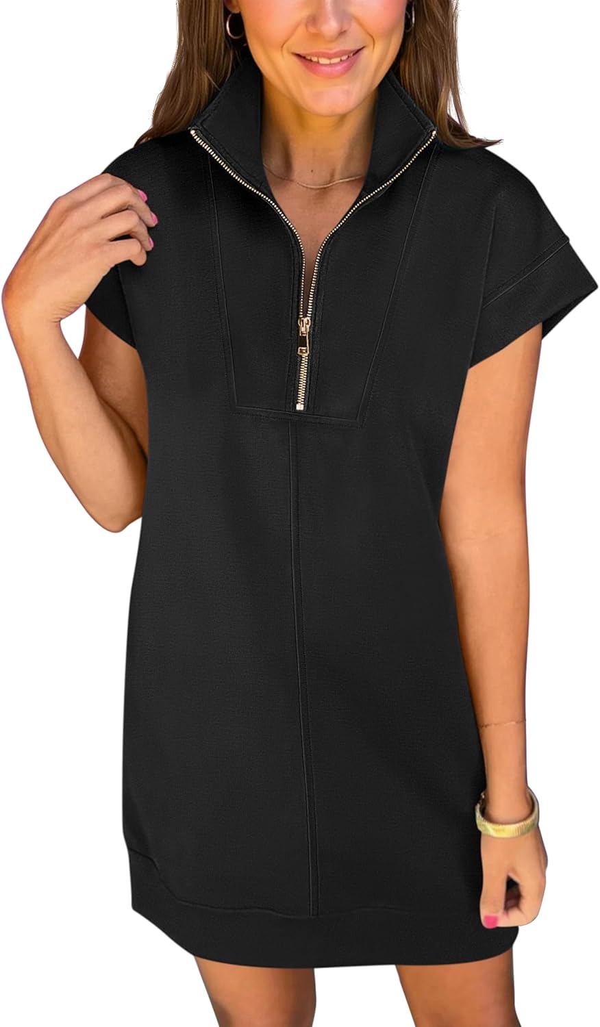 ANRABESS Womens Summer Casual Half Zip Cap Sleeve Trendy Wrinkle-Free Tshirt Dress 2026 Spring Beach Vacation Short Dresses