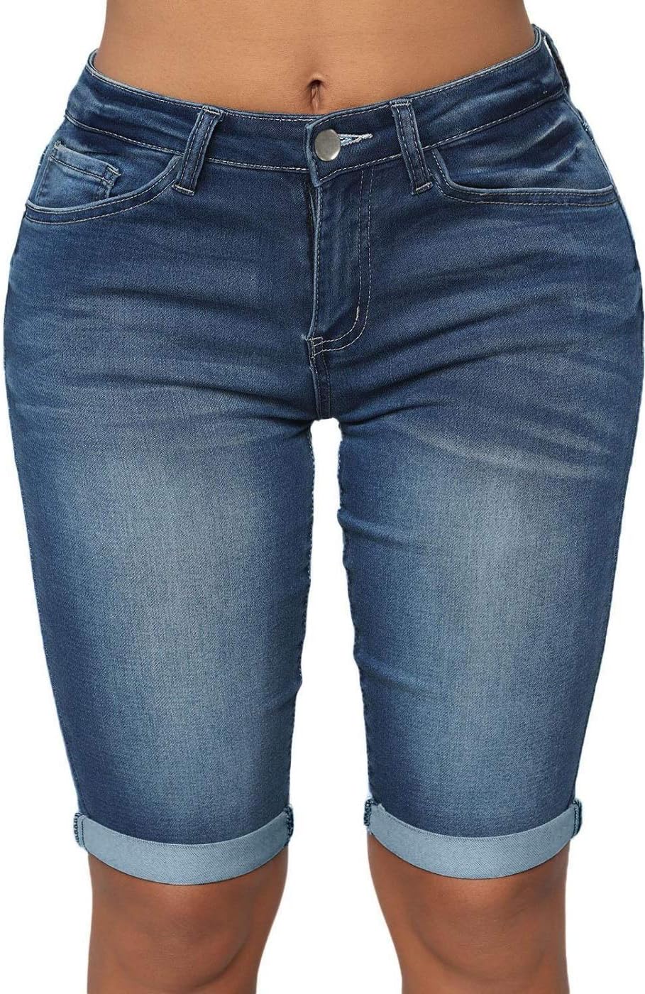 roswear Womens Mid Rise Roll Cuff Bermuda Stretch Denim Jean Shorts