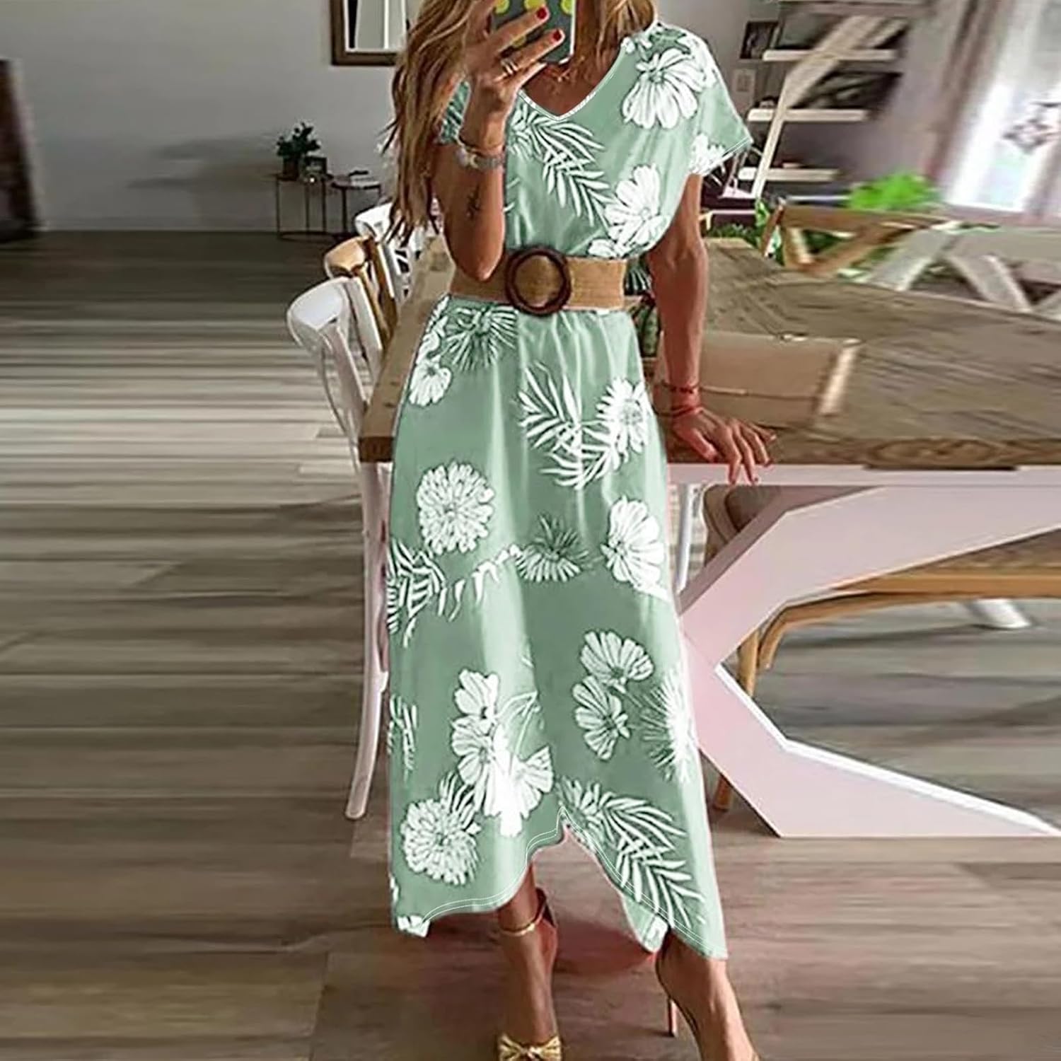 Women’s Summer Resort Floral Print Dress，V-Neck Short Sleeve Dress(No Belt)