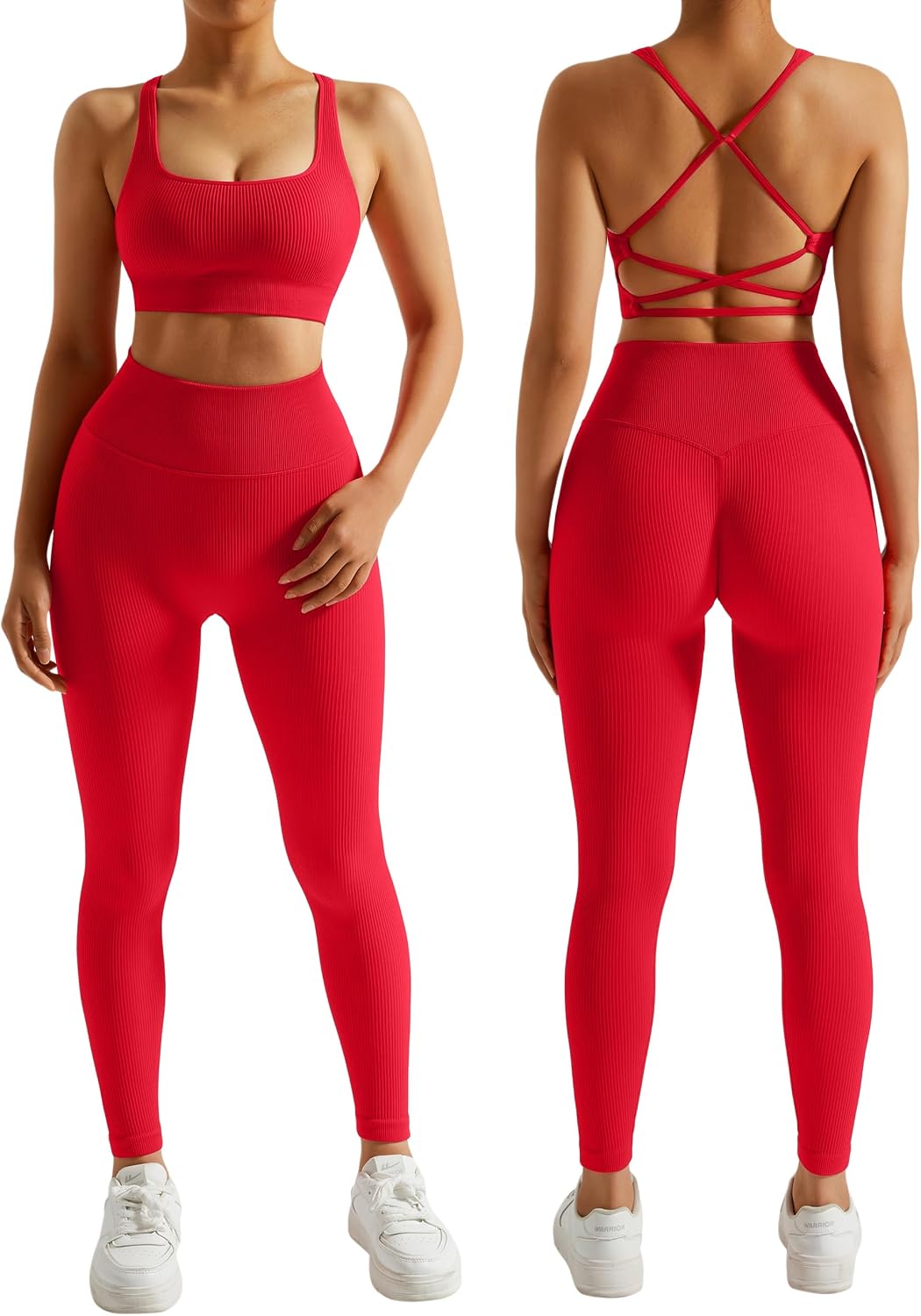 RXRXCOCO Ribbed Workout Sets for Women 2 Piece Backless Strappy Sports Bra Seamless Leggings Matching Set Yoga Outfits