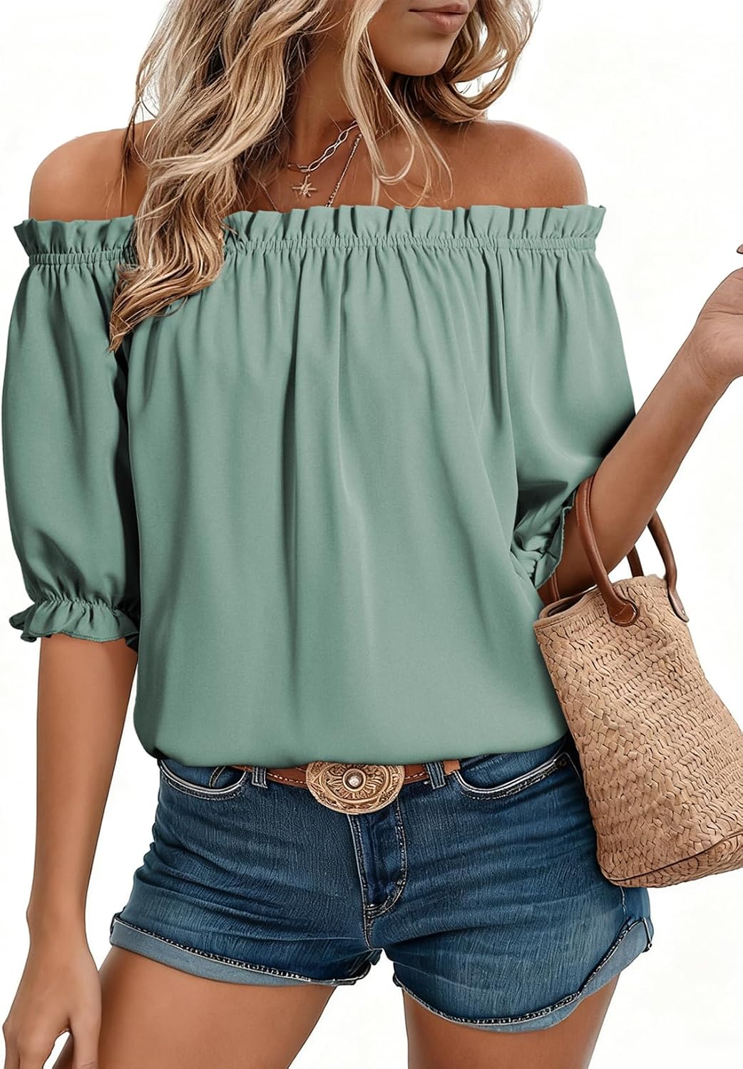 EVALESS Womens Tops Off The Shoulder Blouses for Women Dressy Casual Cute Puff Sleeve T Shirts Fashion 2026
