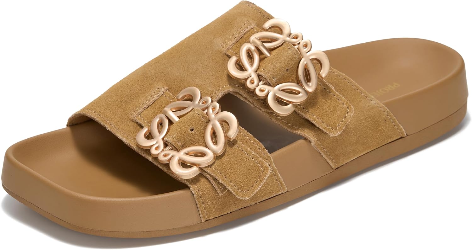 Project Cloud 100% Genuine Leather Womens Sandals Dressy – Lightweight & Non-Slip Women’s Flats Sandals Women with Plush & Soft Insole Slides Sandals for Women 2026 (VELORA, CHSTNUTSDE,9.5M)