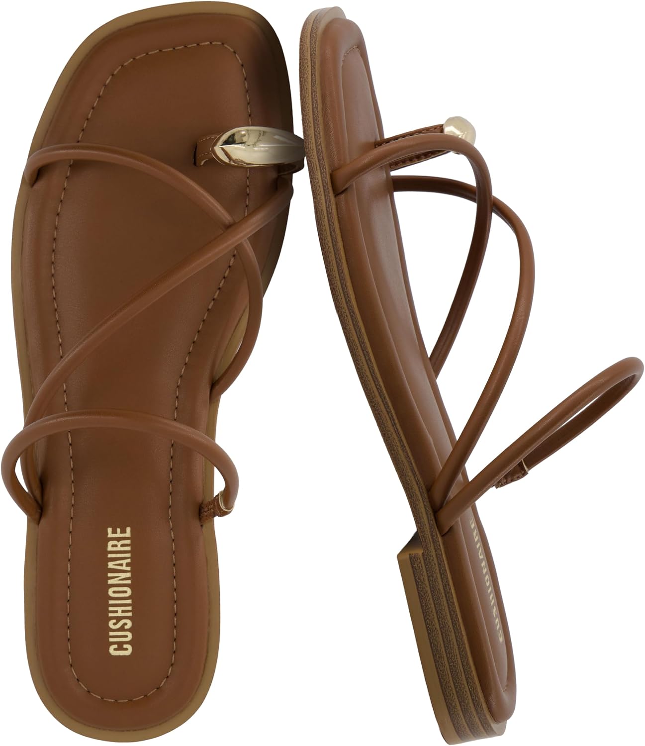 CUSHIONAIRE Venue Women’s Strappy Toe-Loop Slide Sandals with Gold-Tone Accent & Memory Foam Comfort