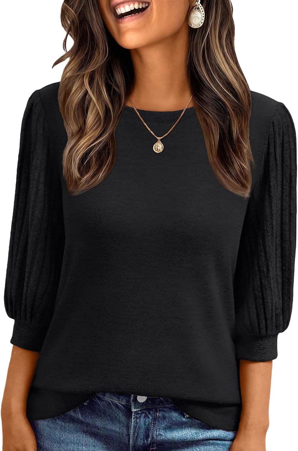 AUTOMET Womens 3/4 Length Puff Sleeve Tops Business Casual Dressy Work Blouses