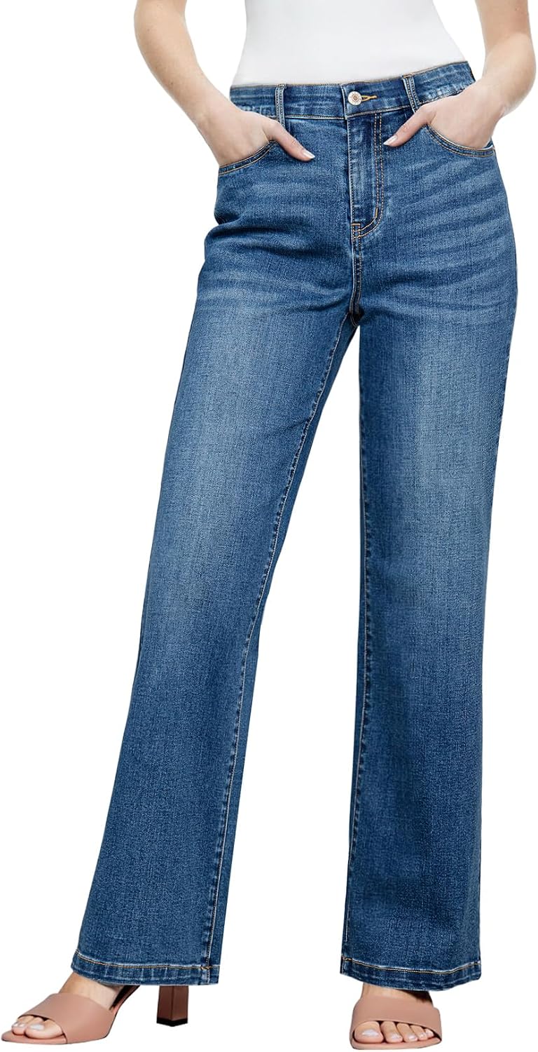 Sidefeel Women’s Wide Leg Jeans High Waisted Tummy Control Stretchy Straight Leg Elastic Waist Trendy Denim Pants