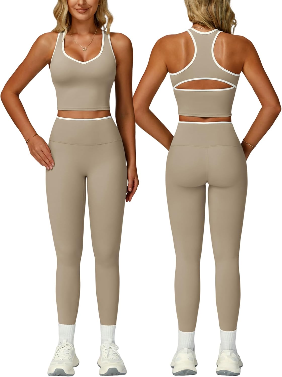 QBGJTD Womens Workout Set Two Piece Racerback Color Block Tank Tops Matching High Waist Leggings Gym Work Out Outfits