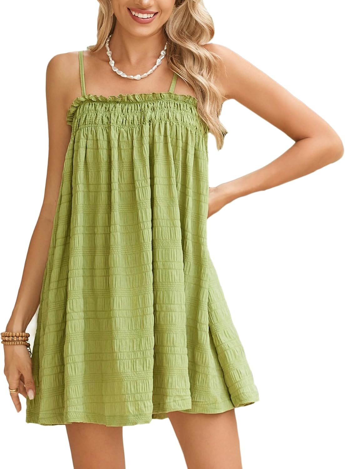 MakeMeChic Women’s Sundress Beach Dress Sleeveless Ruffle Swing Shirred Casual Flowy Babydoll Summer Mini Dresses
