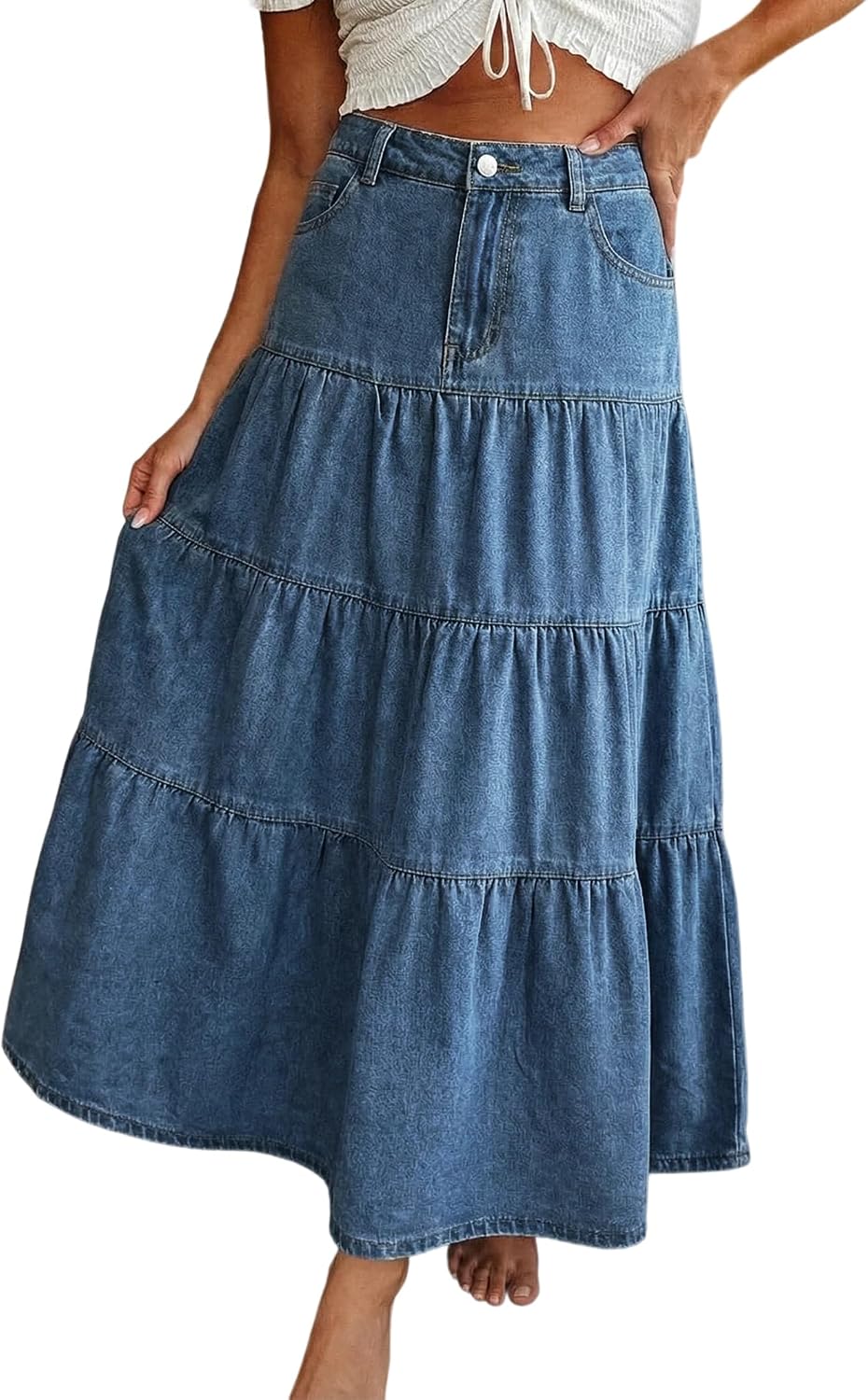 EMMIOL Long Denim Skirt for Women – High Waisted A-Line Jean Maxi Skirts Dark Wash Tiered Swing Jean Skirt with Pockets