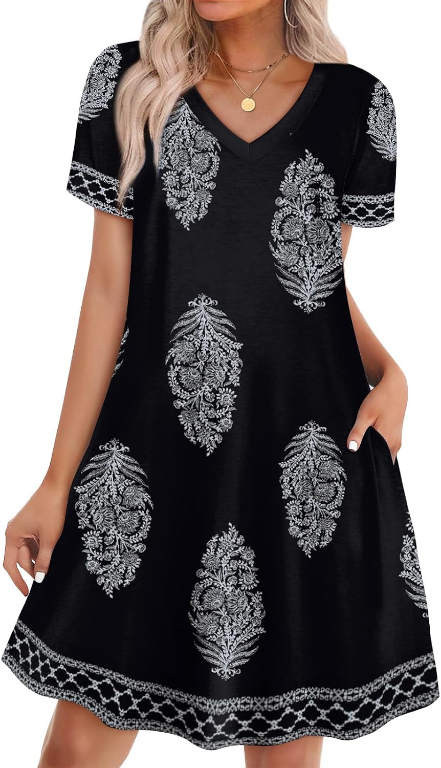 WIHOLL Boho Summer Dresses for Women Casual Loose T Shirt Dress with Pockets Beach Vacation Outfits S-4XL