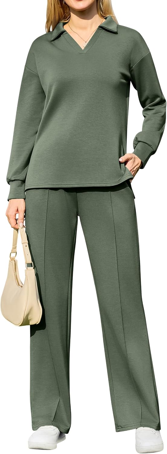difficort Womens 2 Piece Outfits Fall Lounge Sets Wide Leg Loungewear Workout Sets with Pockets