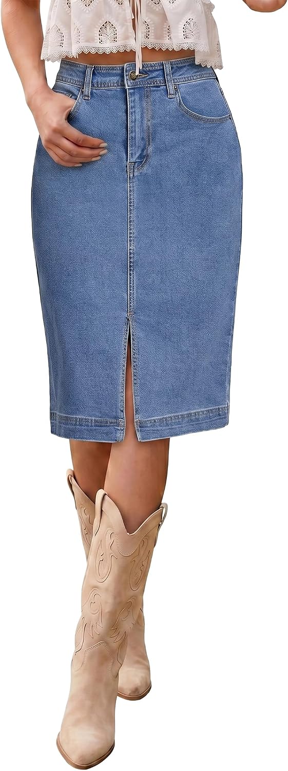 luvamia Jean Skirts for Women Denim Trendy Summer Casual Stretchy High Waisted Midi Below Knee Pencil Skirt with Slit