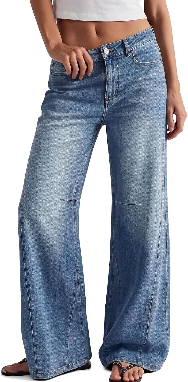 Trendy Queen Women’s High Waisted Wide Leg Barrel Jeans Stretch Baggy Flare Denim Pants