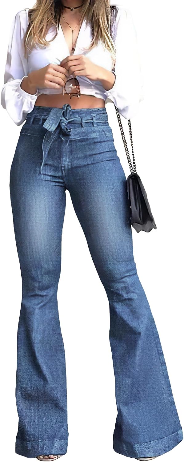 Pantete Womens High Waisted Bell Bottom Jeans Denim High Rise Flare Jean Pants with Wide Leg and Belt