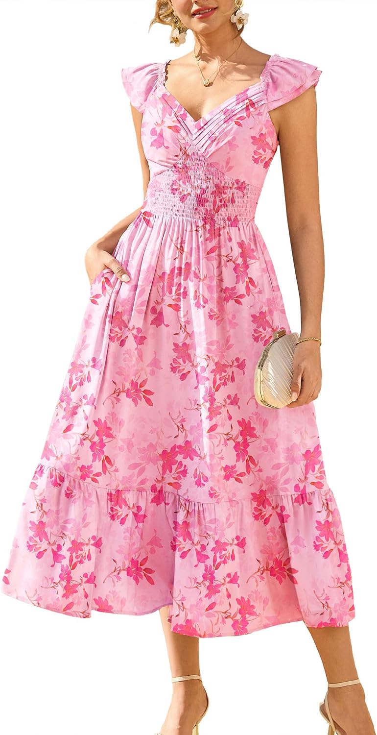 GRACE KARIN Women’s Summer Floral Maxi Dress 2026 Ruffle Sleeve Smocked Sundress Flowy Wedding Guest Long Dresses with Pocket
