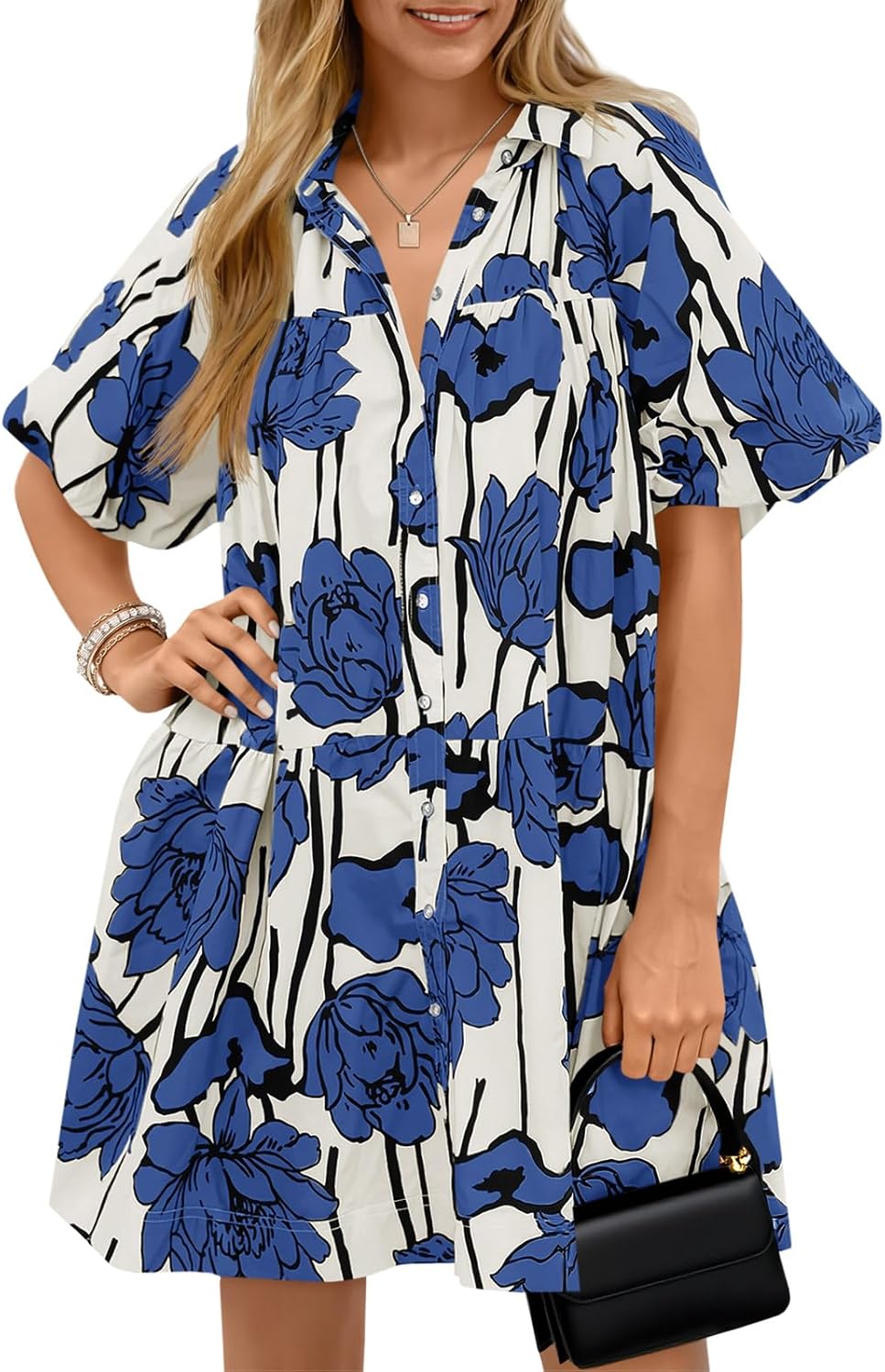 Wenrine Women’s Summer Button Down Shirt Dress Floral Puff Short Sleeve Casual Loose Fit Beach Mini Dresses