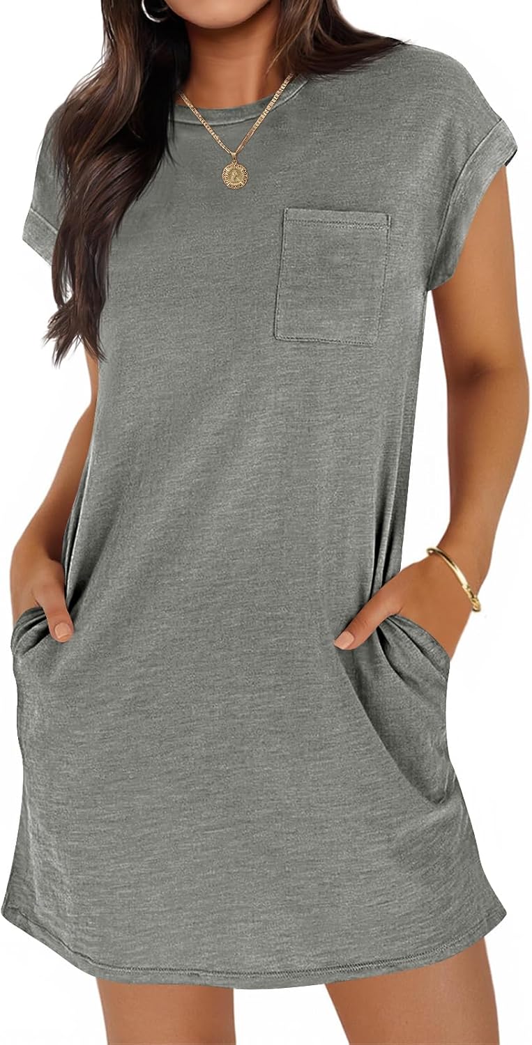 Wenrine Women’s Summer T Shirt Dress Casual Short Sleeve Crewneck Loose Fit Mini Dresses with Pockets