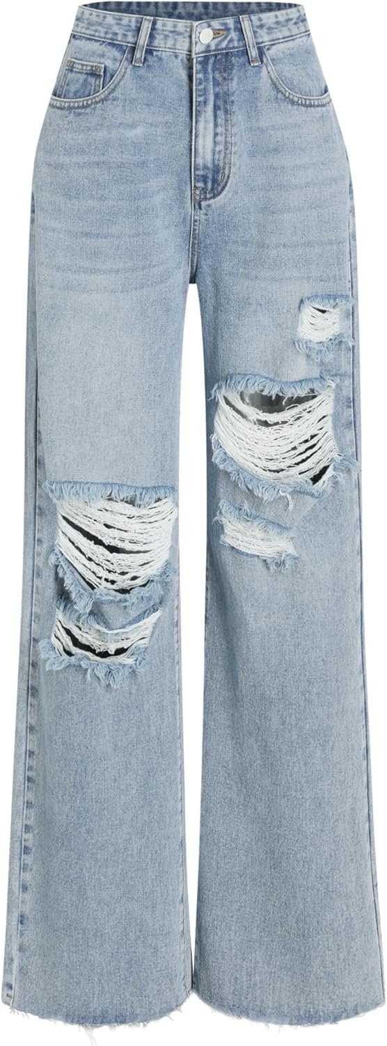 CIDER Women’s Ripped Jeans High Waisted Distressed Baggy Pants | Straight Wide Leg, Denim Pants