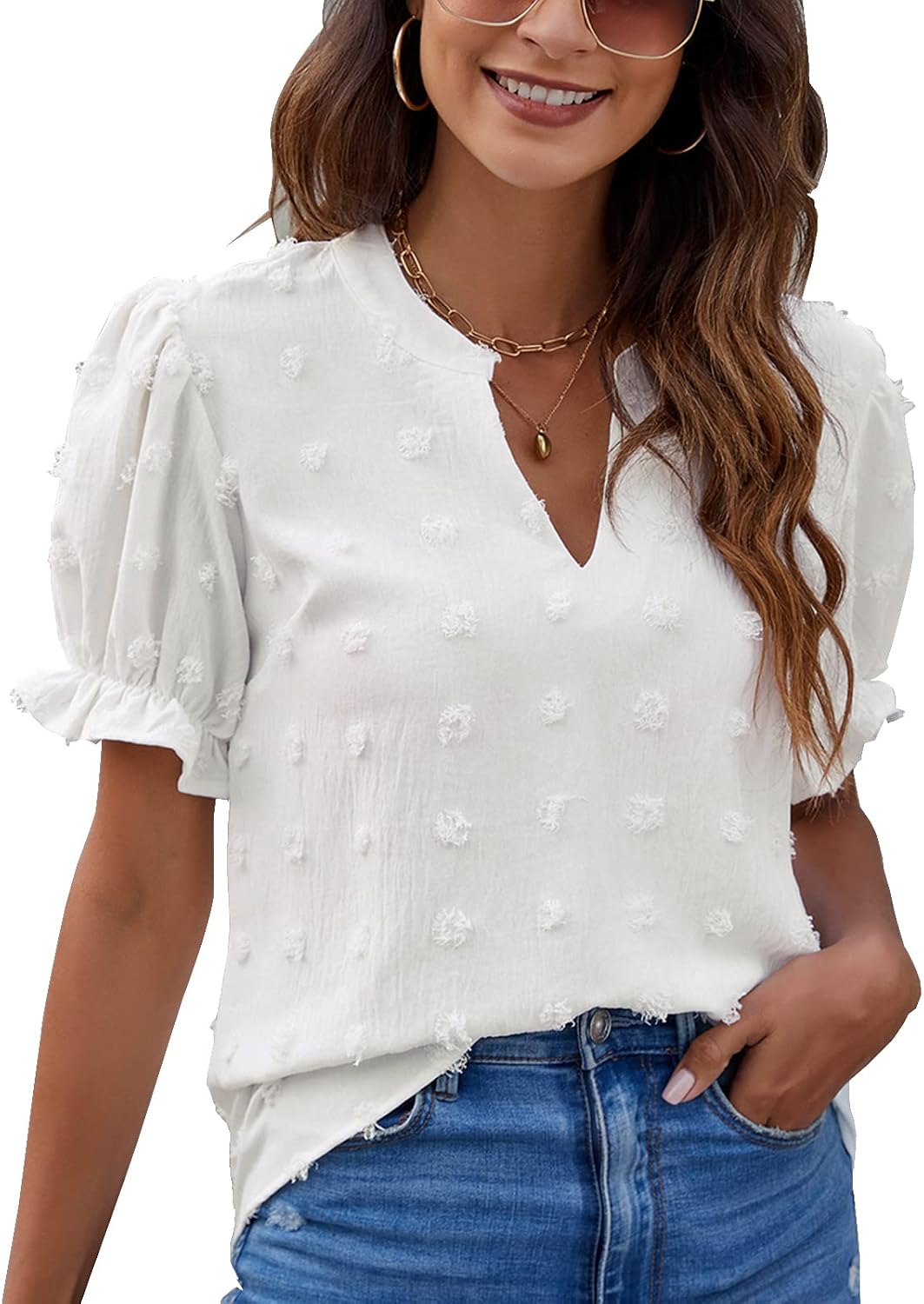 Blooming Jelly Women’s Blouses Dressy Casual Puff Sleeve Work Tops Trendy Swiss Dot V Neck Shirts 2026