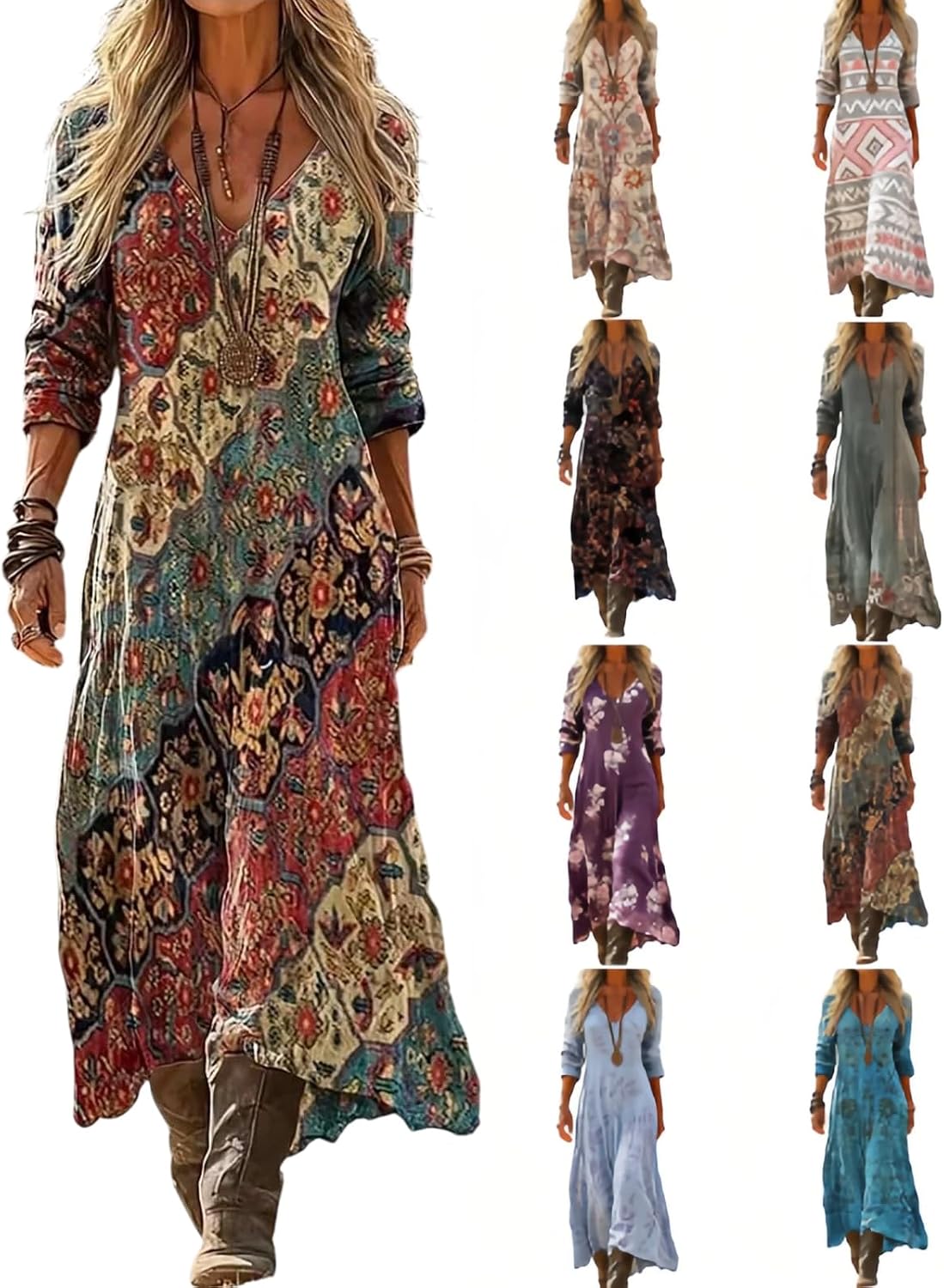 Boho Floral Dresses for Women Long Sleeve Spring Summer Bohemian Flowy Maxi Linen Dress Casual Beach Vacation Outfits