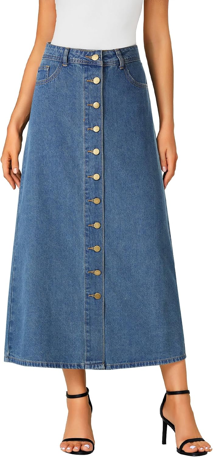 Vrtige Women’s Casual Button Down High Waisted A Line Jean Midi Long Denim Skirt with Pockets