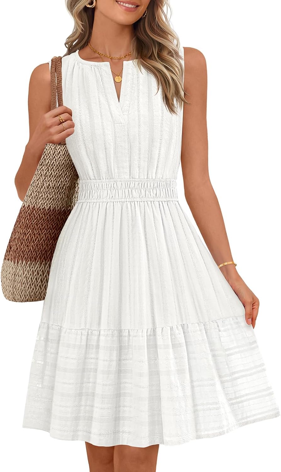 MEROKEETY Women’s 2026 Summer Casual Mini Sundress Beach Vacation Sleeveless V Neck Flowy A Line Dress with Pockets
