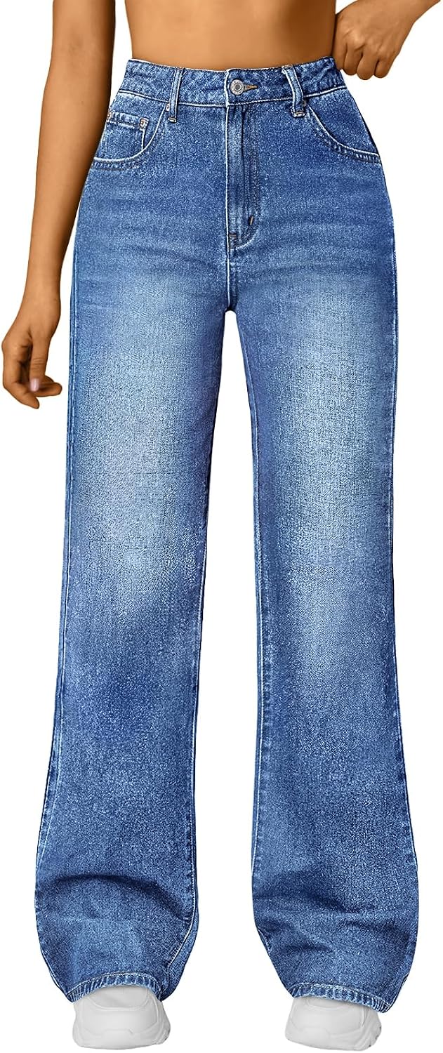 Trendy Queen Women’s High Waisted Straight Wide Leg Jeans, Comfort Stretch Baggy Denim Pants