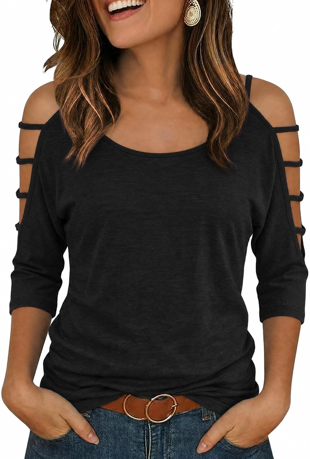 Jar of Love Women’s Cold Shoulder Tops 3/4 Sleeve Sexy Going Out T-Shirts for Women Casual Tunic Tops