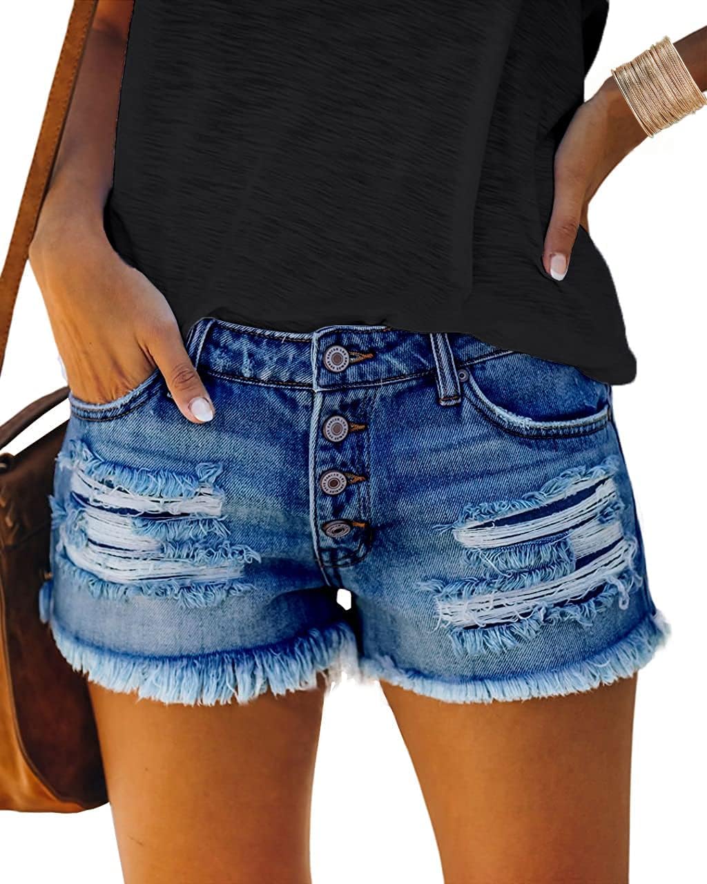 cordat Women’s Mid Rise Ripped Stretchy Jeans Shorts Frayed Raw Hem Casual Denim Shorts