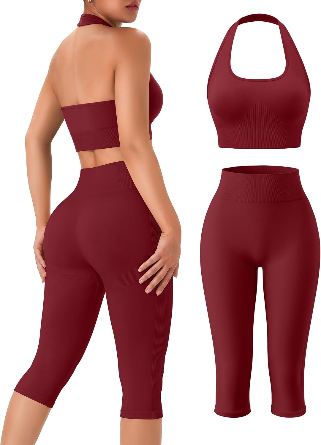 OLCHEE Womens Workout Sets 2 Piece Backless Halter Neck Sports Bra High Waist Scrunch Butt Capri Leggings Yoga Gym Outfits