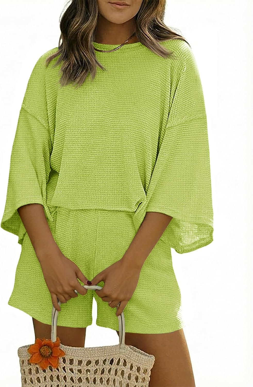 Tankaneo Womens Short Sets 2 Piece Outfits 3/4 Sleeve Tops and Elastic Waist Shorts Lounge Set Casual Loungewear