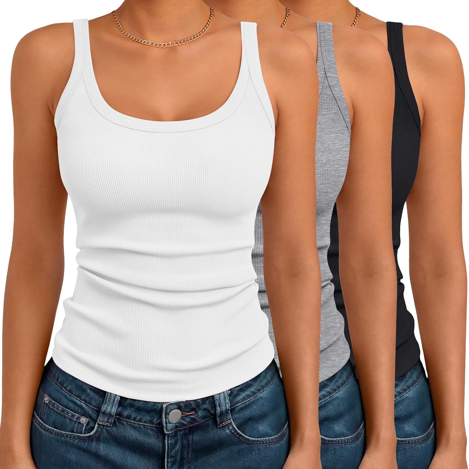 SUNBS 3-Pack Womens Ribbed Spaghetti Strap Tank Top, Sleeveless Summer Camisole, Cute Going Out & Vacation Outfits for Teens