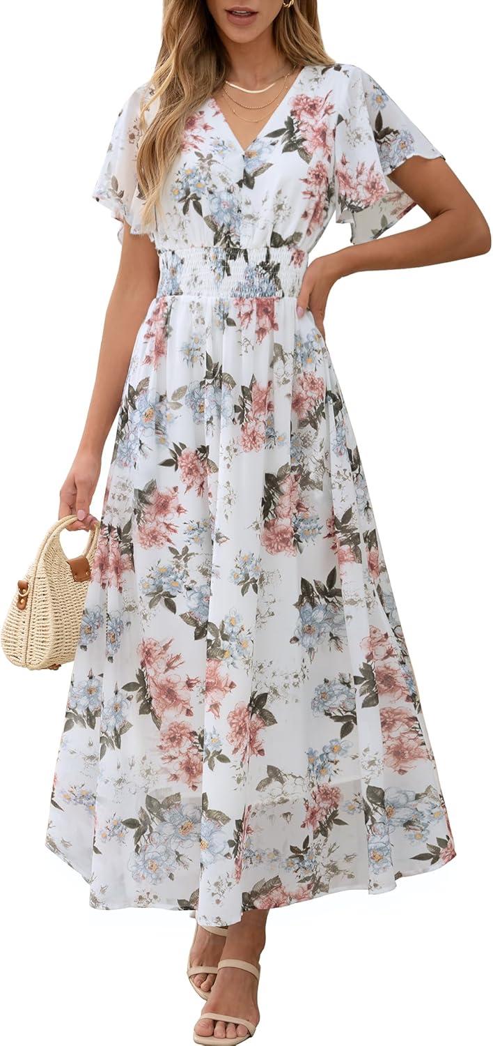 ANRABESS Womens Summer Floral Maxi Dress Casual V Neck Short Sleeve Chiffon Boho Flowy Beach 2026 Wedding Guest Long Dresses