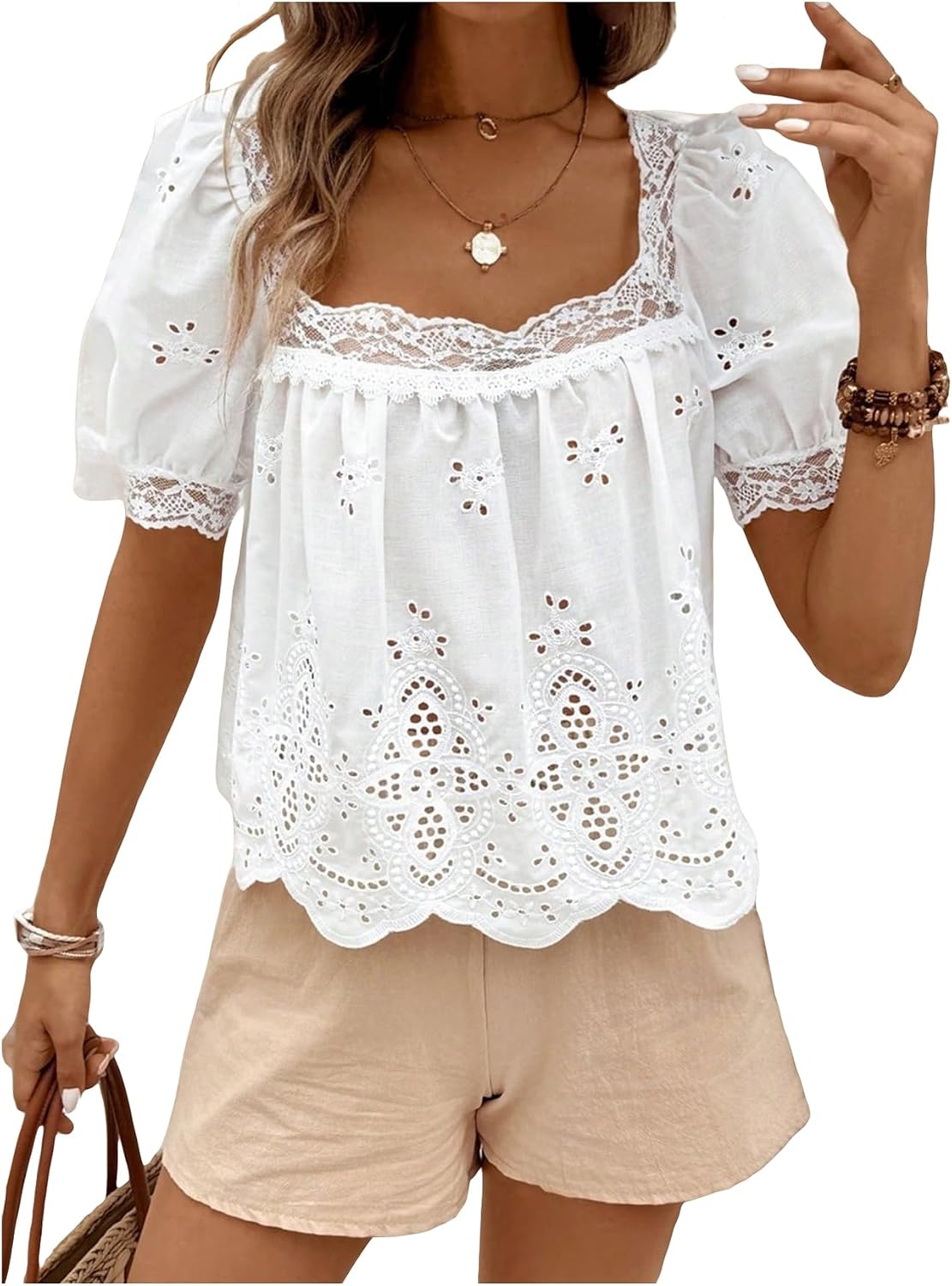 SweatyRocks Women’s Square Neck Puff Sleeve Eyelet Lace Hollow Out Embroidered Top Blouse