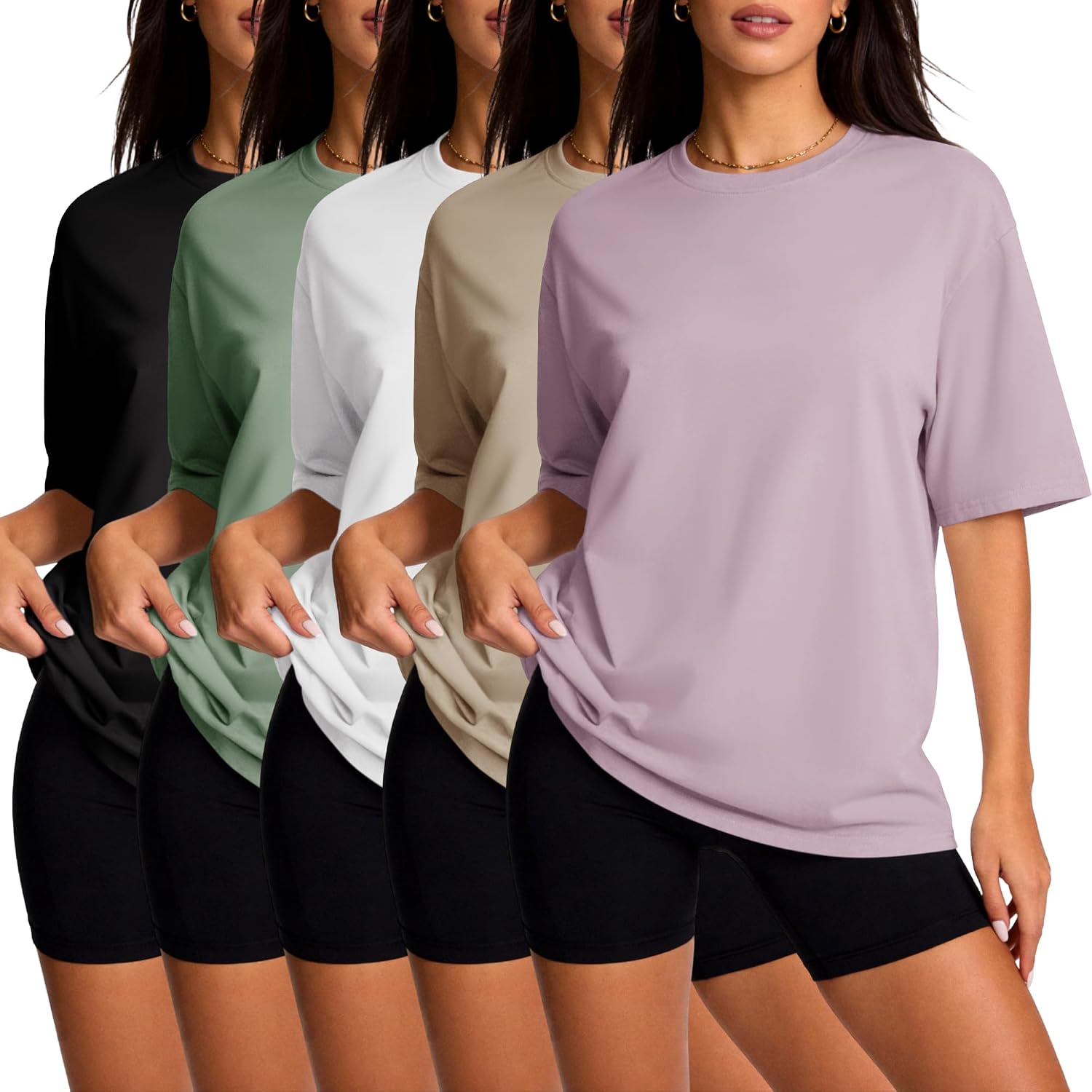CE’ CERDR 5 Pack Womens Oversized T Shirts Crew Neck Short Sleeve Shirts Loose Fit Basic Tees Workout Gym Summer Tops