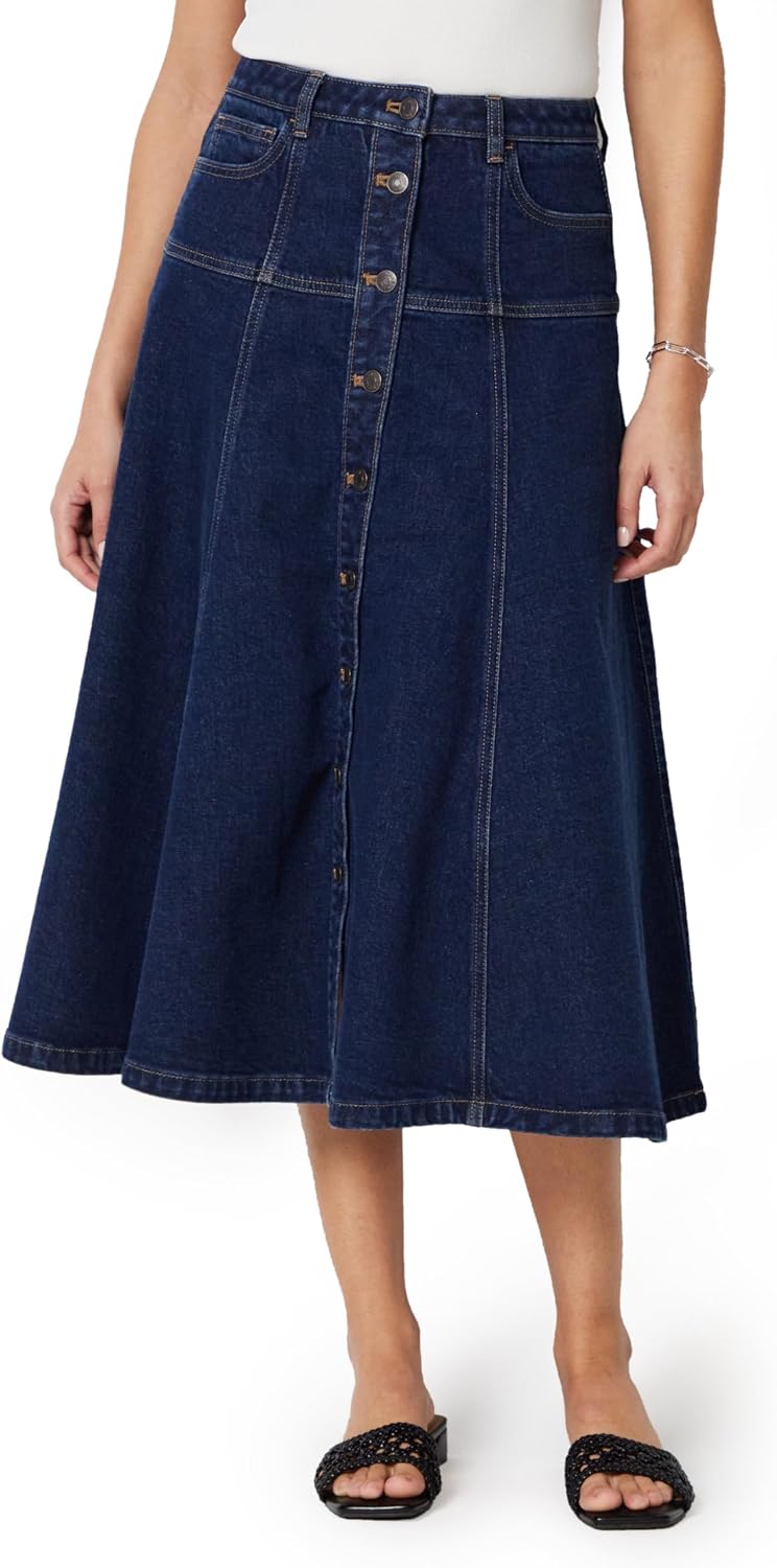 Amazon Essentials Women’s A-Line High-Rise Denim Button-Down Midi Skirt