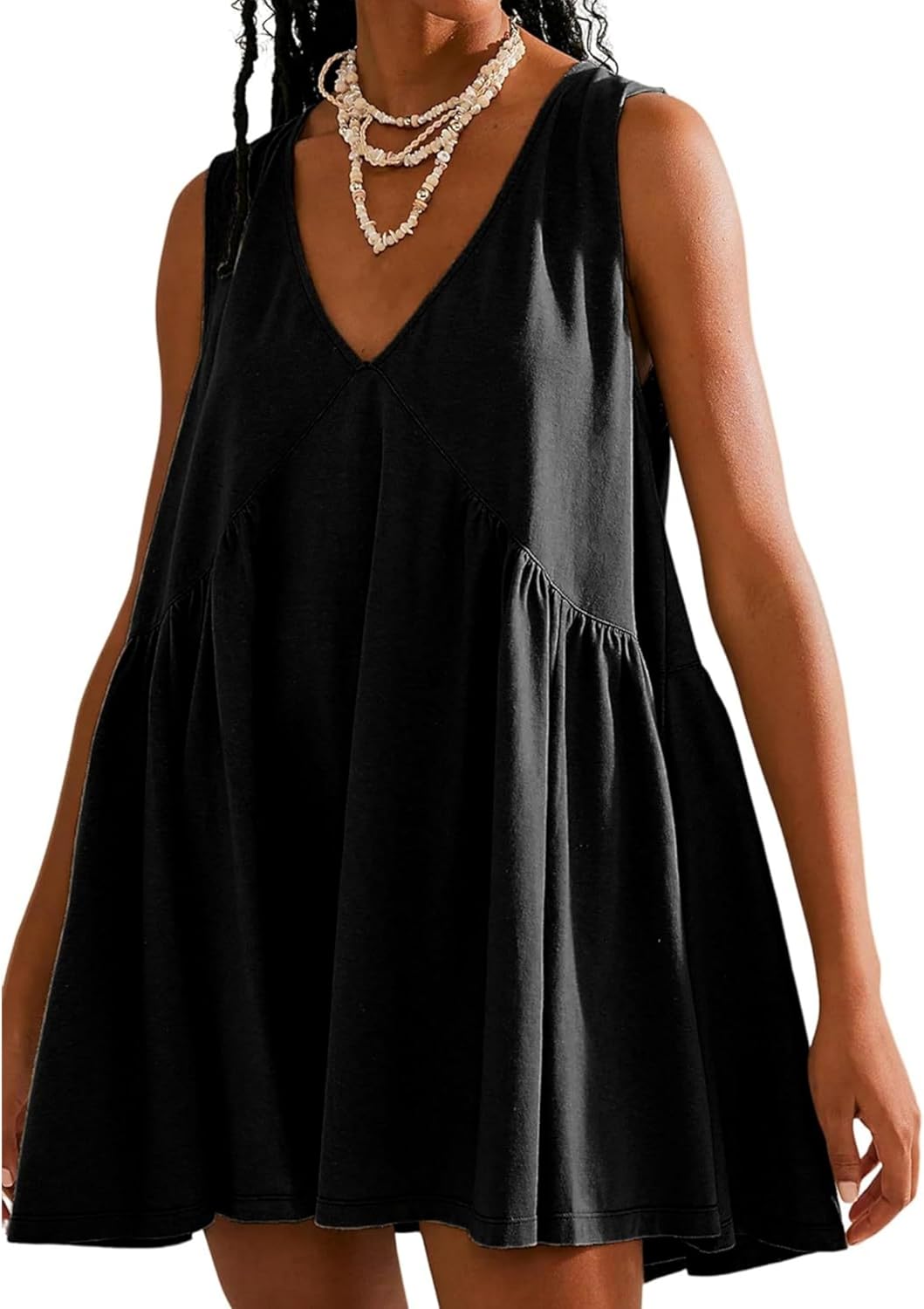 OPCAKM Women’s V Neck Sleeveless Mini Dress Loose Summer Pleated Swing Flowy Sundress