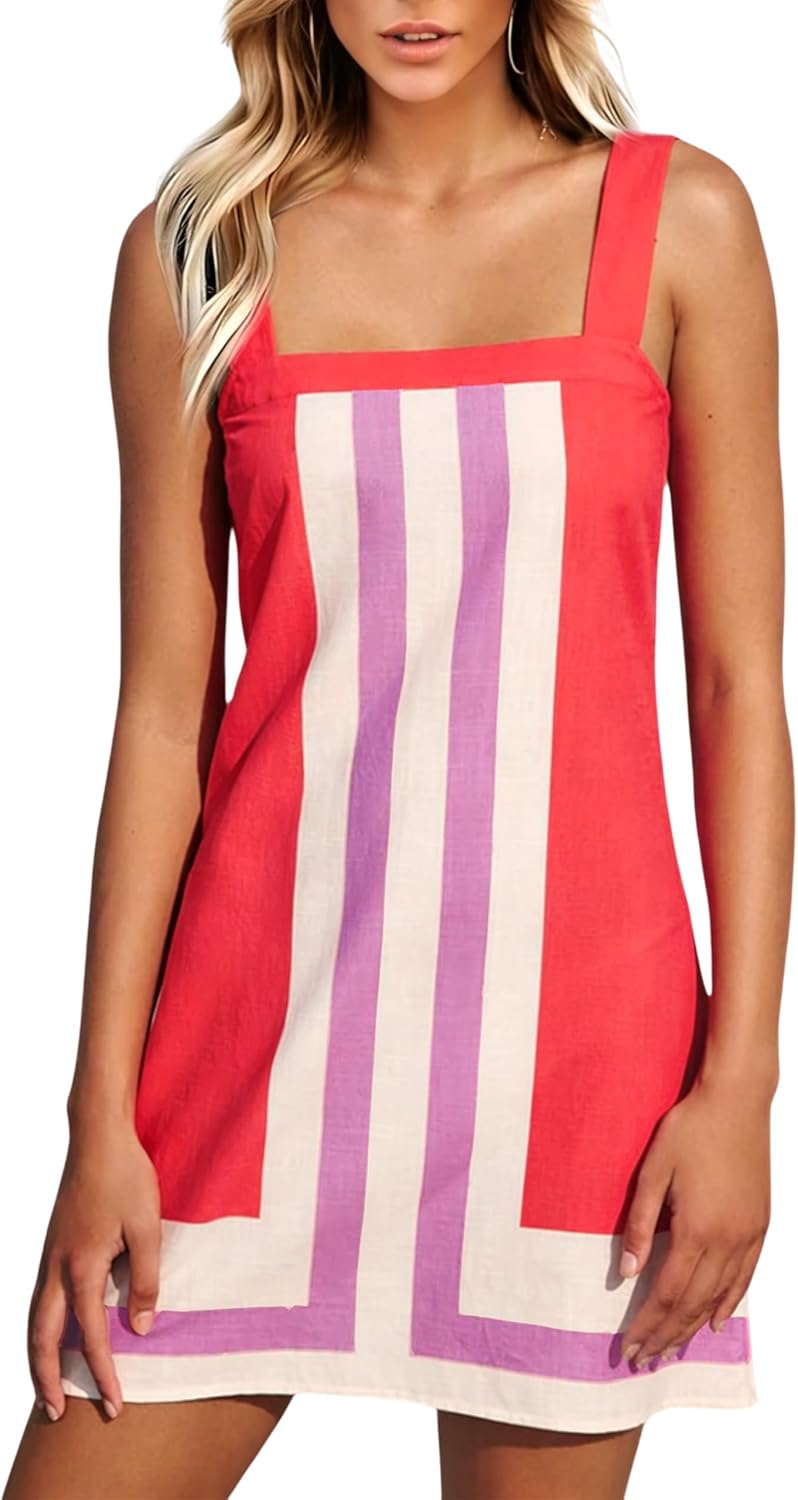 Fiona Jolin Women’s Striped Mini Dress Boho Shoulder Strap Sundress Summer Cover Up Dress for Beach