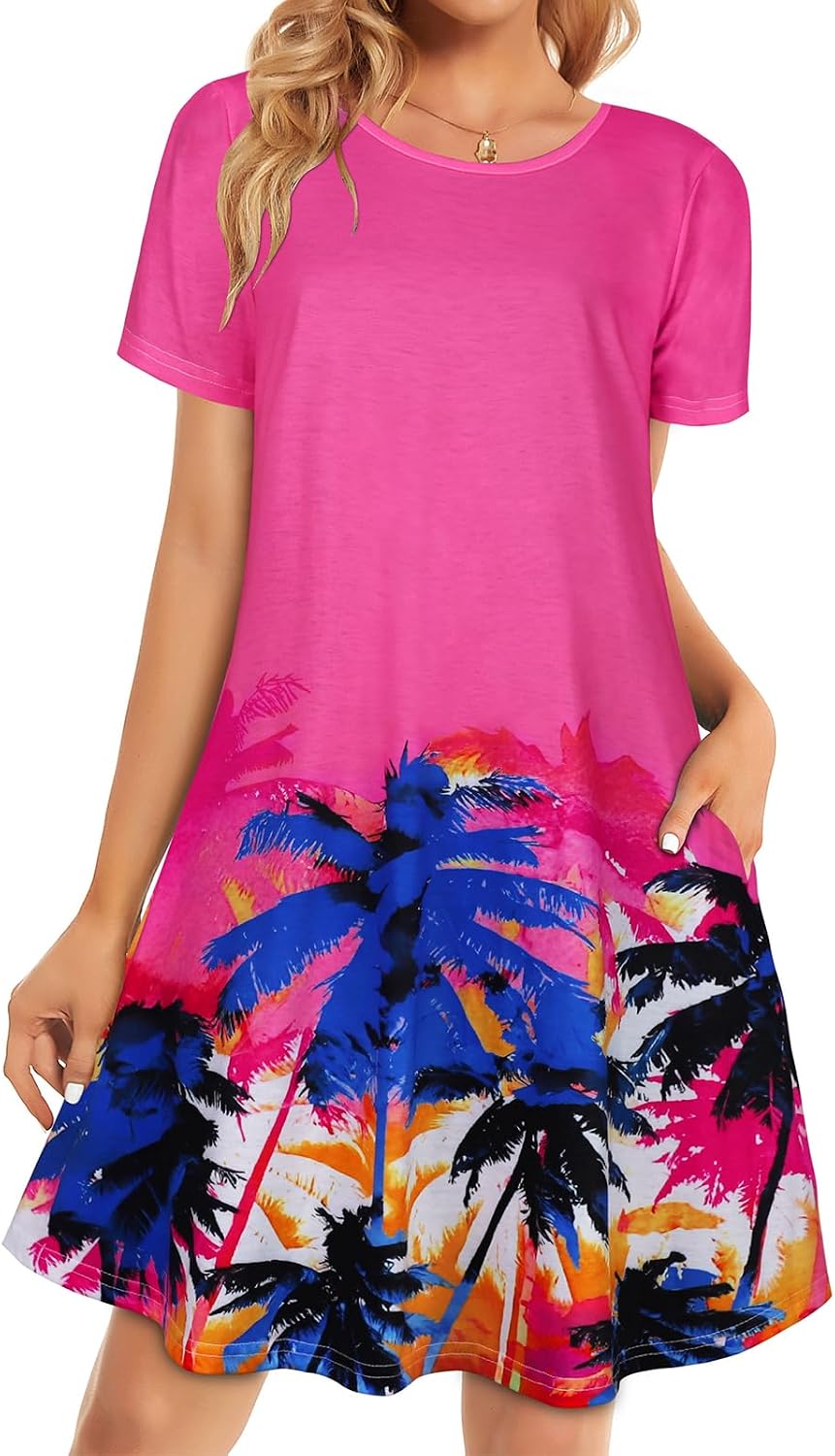 Womens Summer Dresses Beach Casual Loose Tshirt Floral Short Sleeve Flowy Pockets Sundresses 2026