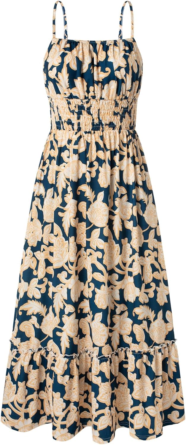 GRACE KARIN Summer Dresses for Women 2026 Vacation,Smocked Floral Maxi Dress,Boho Beach Sundress with Pocket Fashion Clothing