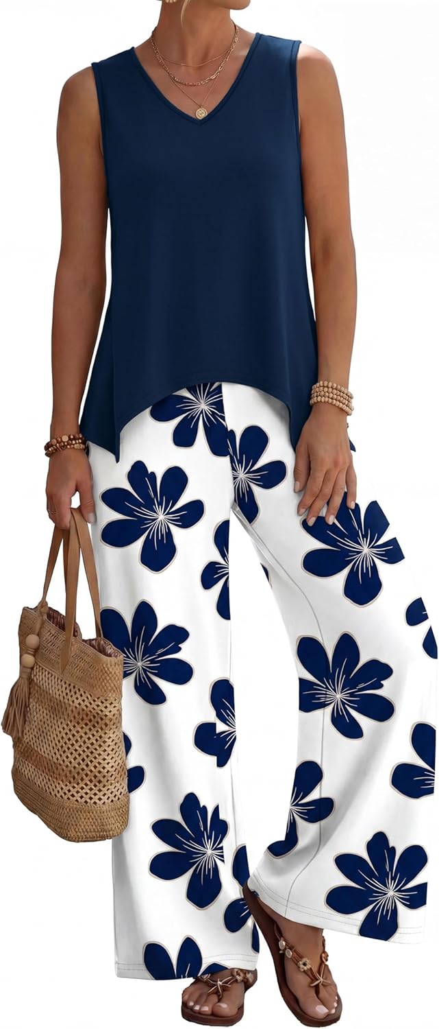 WIHOLL Two Piece Sets for Women Dressy Lounge Sets Summer Outfits Cruise Travel Beach Vacation Casual Wide Leg Pants Set