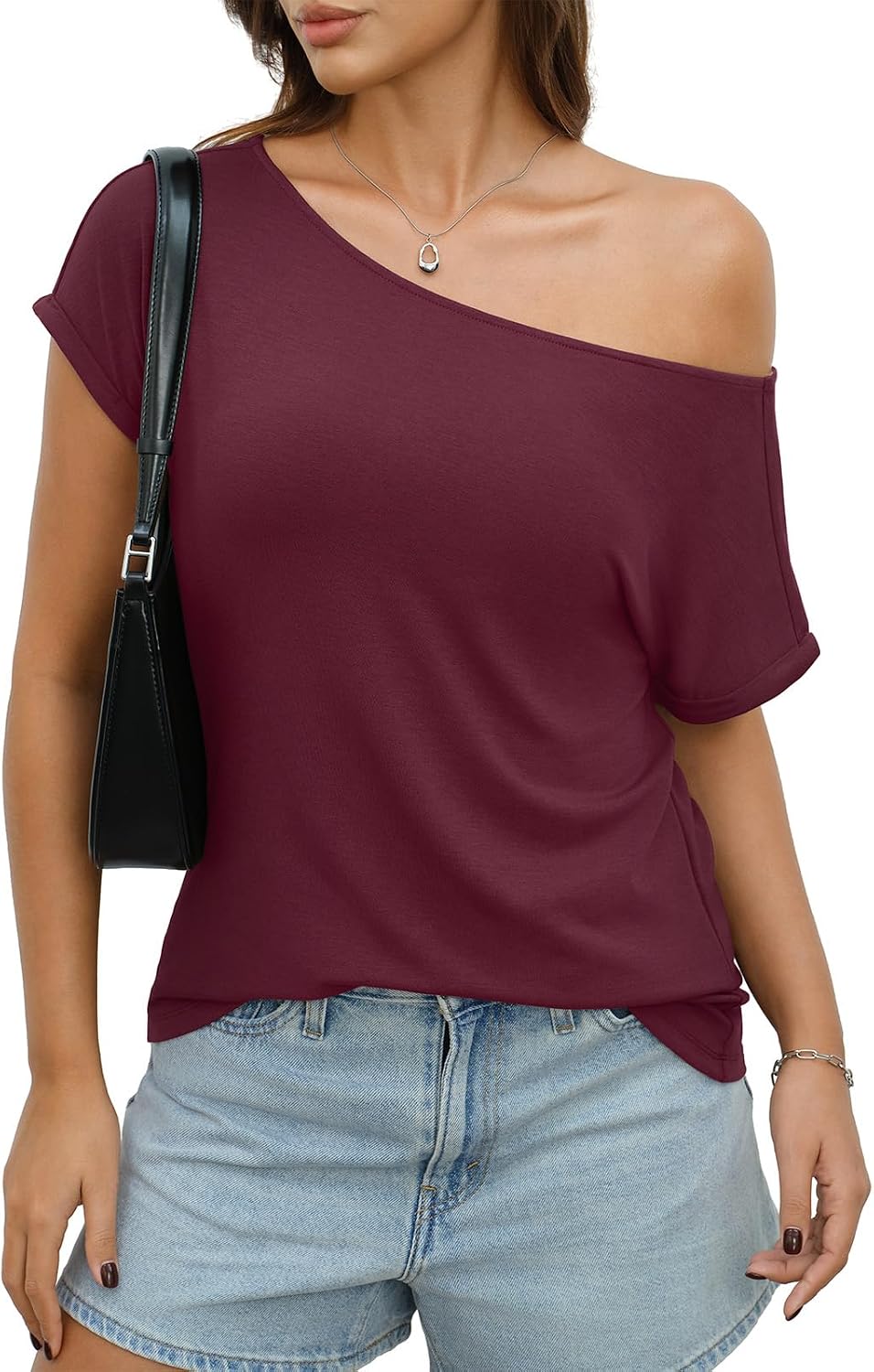 EasyGala Womens Off Shoulder Tops Sexy Short Sleeve Shirts Rolled Sleeve Loose T Shirts Summer Going Out Clothes 2026