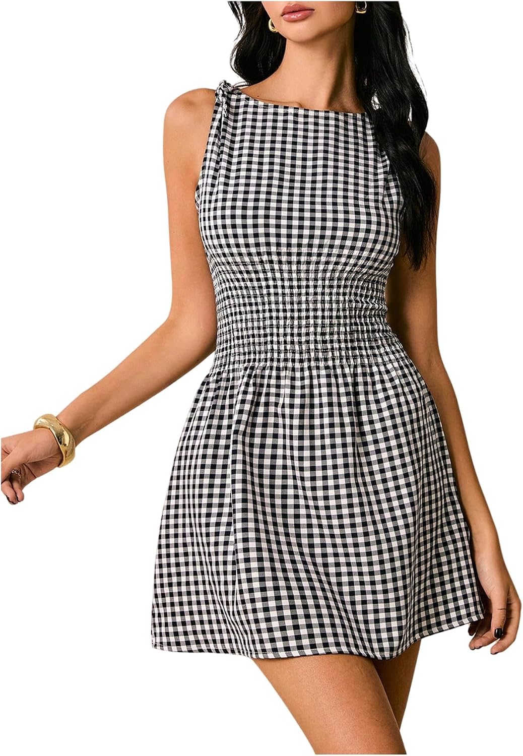 Floerns Women’s Tie Shoulder A Line Gingham Dress Boat Neck Mini Checkered Elegant Dresses