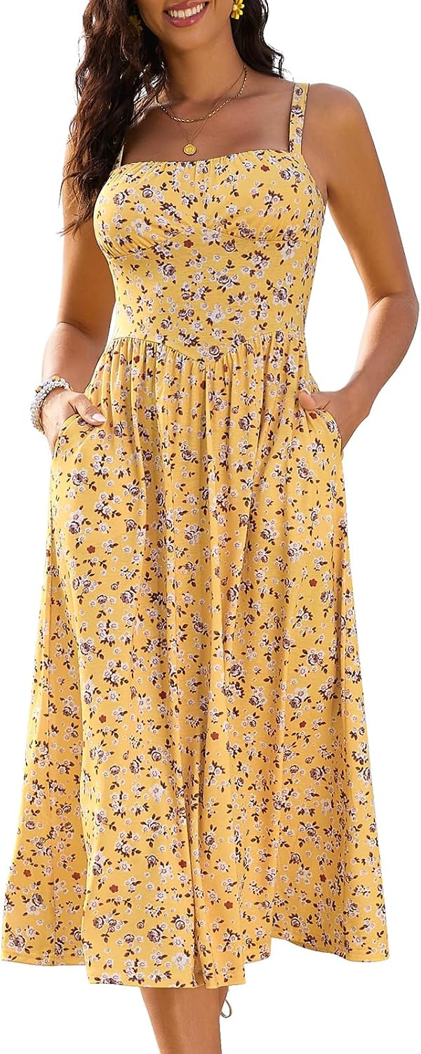 Sureple Long Dresses for Women 2026 Sleeveless Ruched Bust Swing Aline Fitted Spaghetti Strap Sundress with Pockets