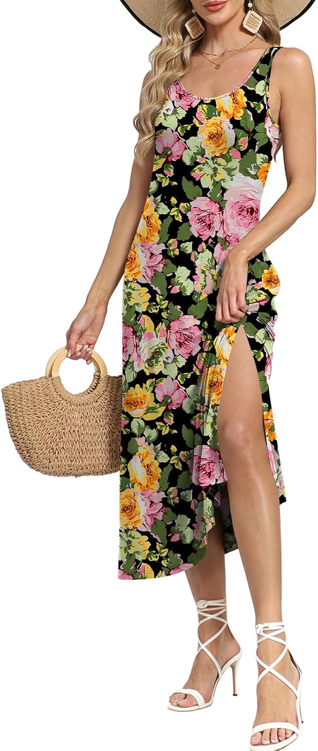 Women’s Boho Maxi Dress with Pockets Sleeveless Split Floral Summer Sundress for Beach Vacation