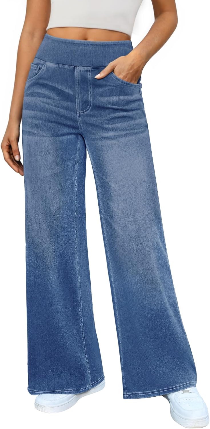 DLOODA Women’s Wide Leg Jeans High Waisted Stretchy Denim Pants Elastic Waist Pull On Sweatpant Jeans Trendy Baggy Loose